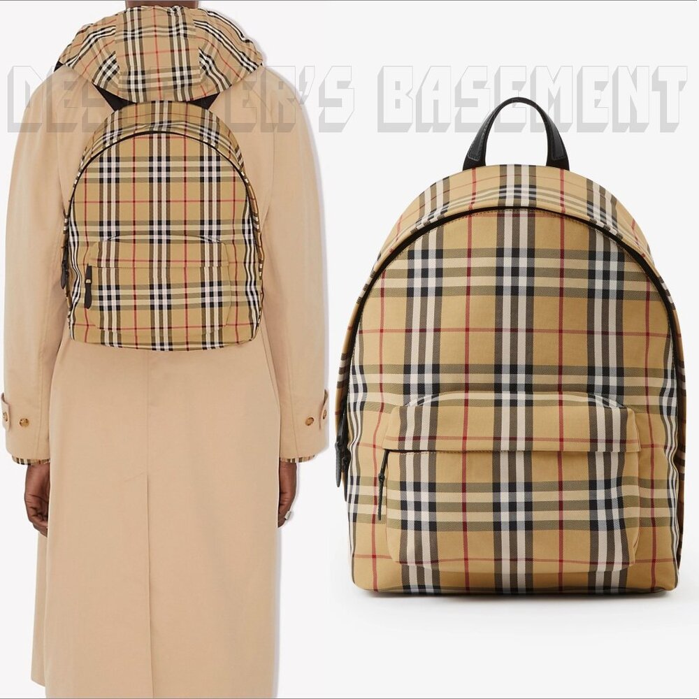 BURBERRY black Leather trim JETT beige Archive Vintage Check nylon zip Backpack